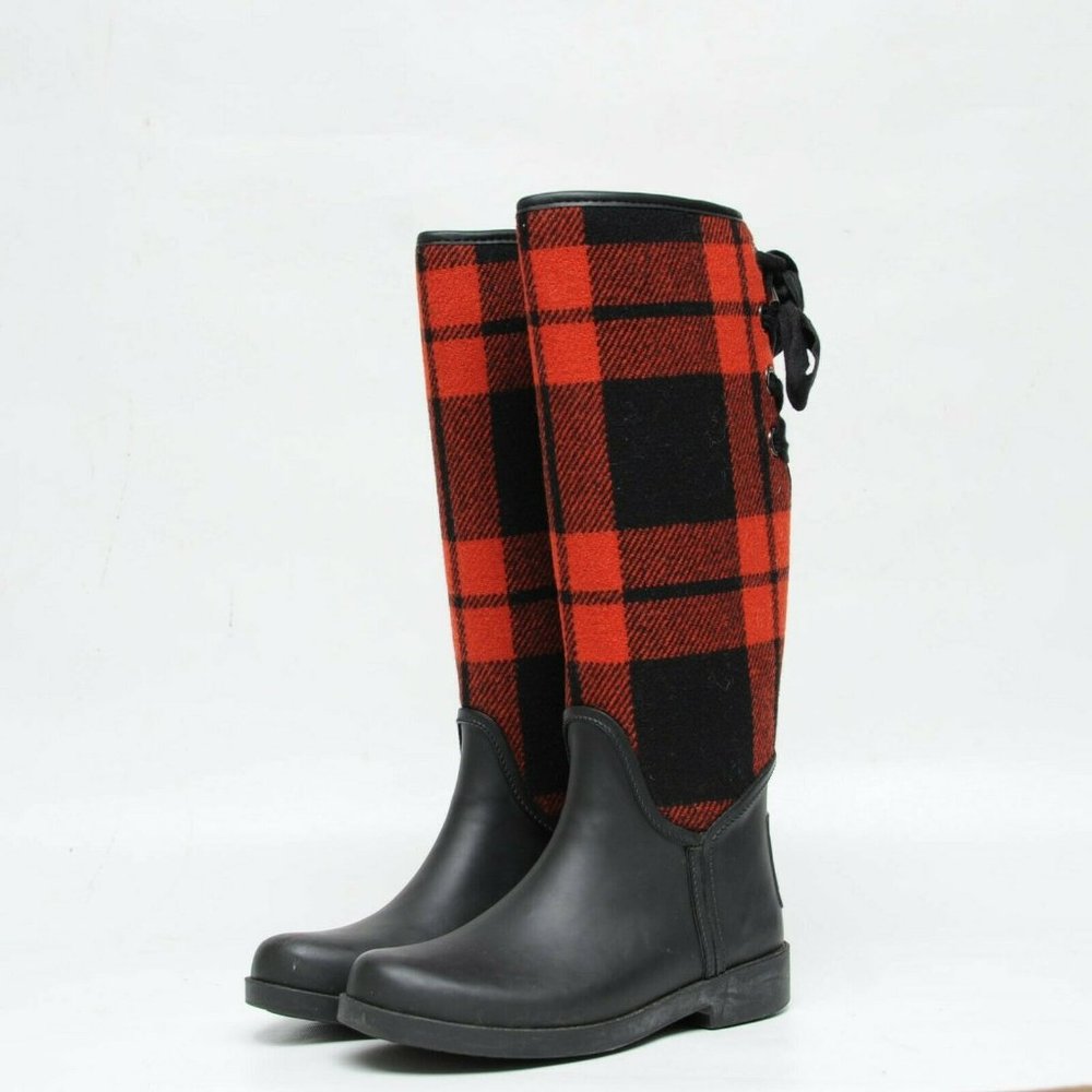Coach Tristee Rain Boots Red Black Buffalo Plaid Tartan Womens 6B Lace Up Rubber